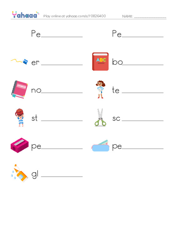 Write the word rows worksheet for School supplies