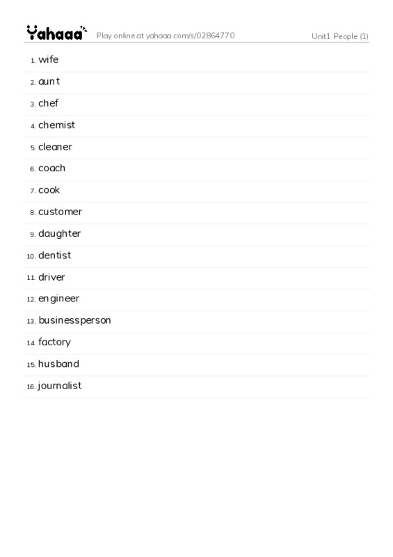 Word list with meanings worksheet for Unit1 People (1)