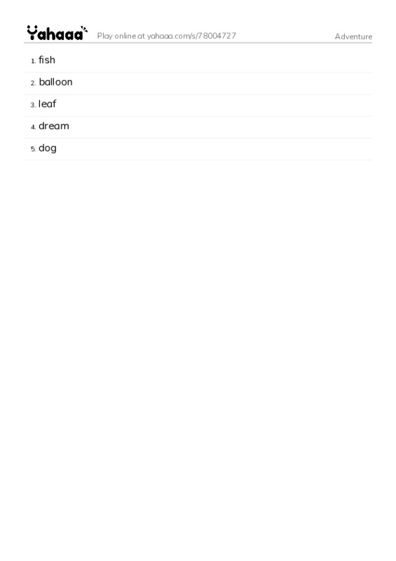 Word list with meanings worksheet for Adventure