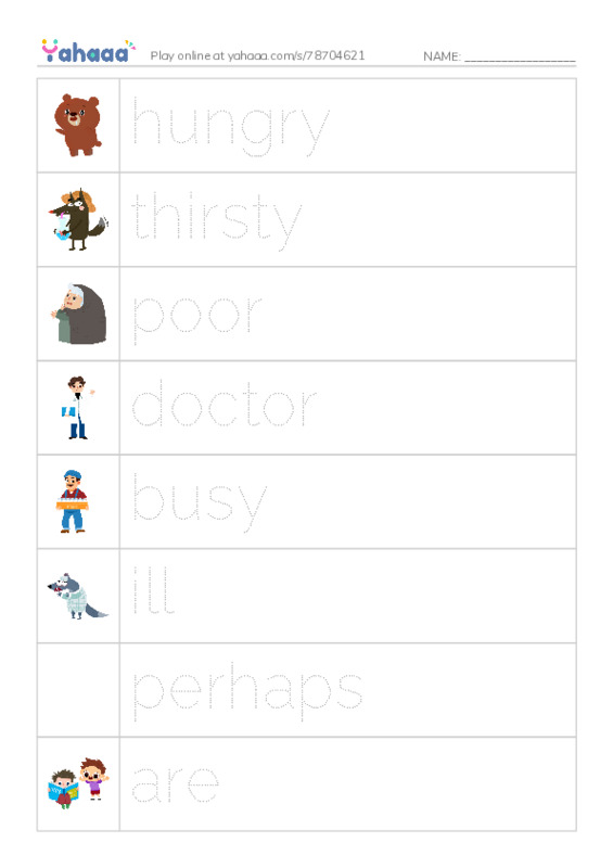 Picture and word rows worksheet for words game
