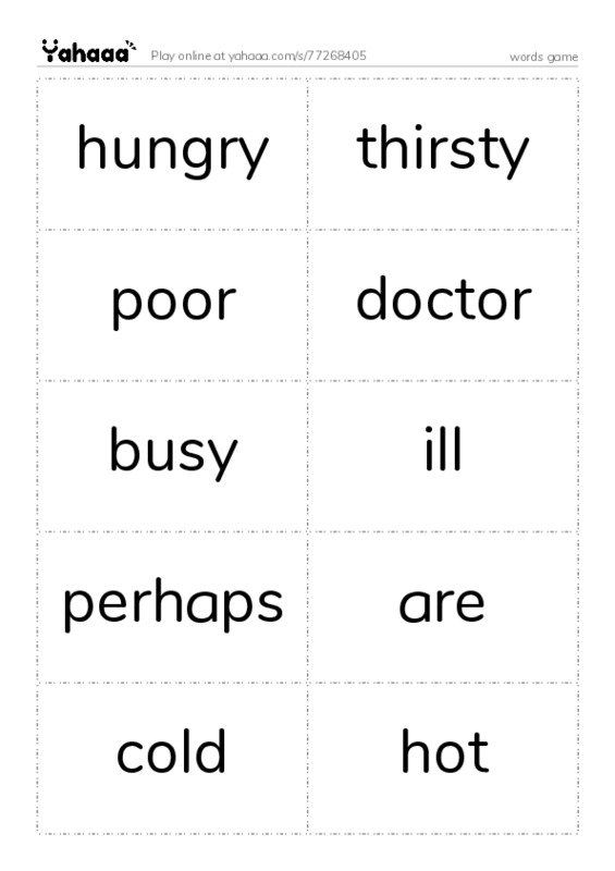 Word flashcards worksheet for words game