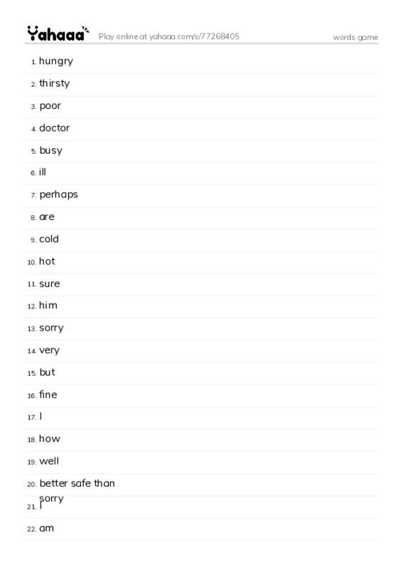 Word list with meanings worksheet for words game