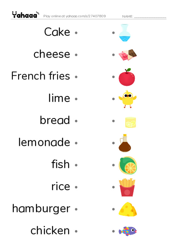 Draw a line to match worksheet for Food vocabulary