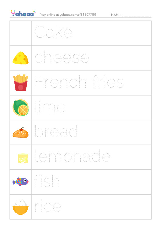 Picture and word rows worksheet for Food vocabulary