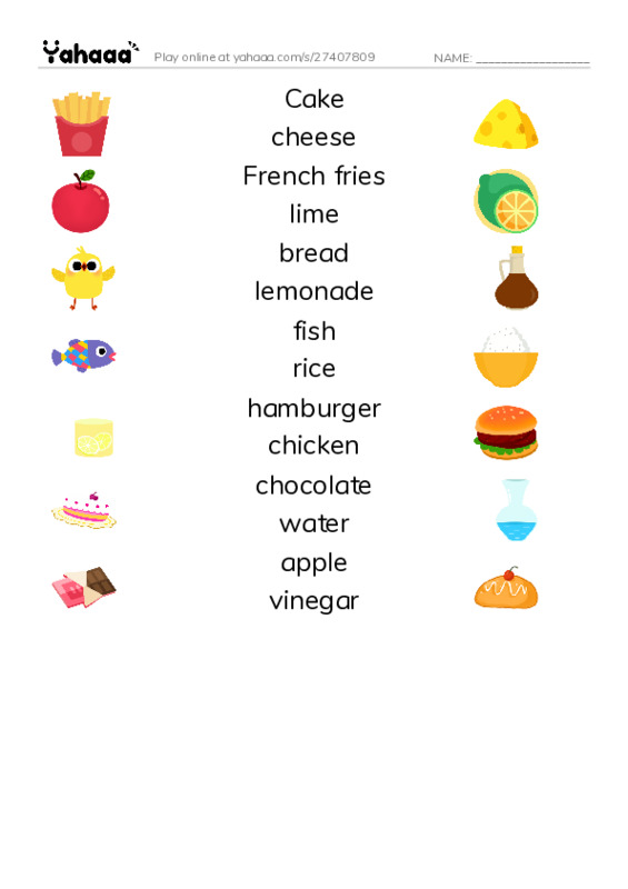 Match both sides worksheet for Food vocabulary