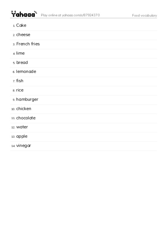 Word list with meanings worksheet for Food vocabulary