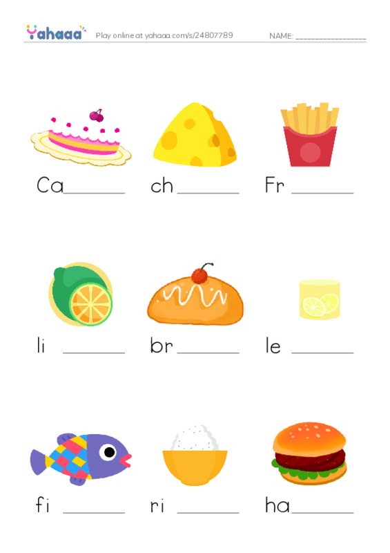 Finish the word worksheet for Food vocabulary
