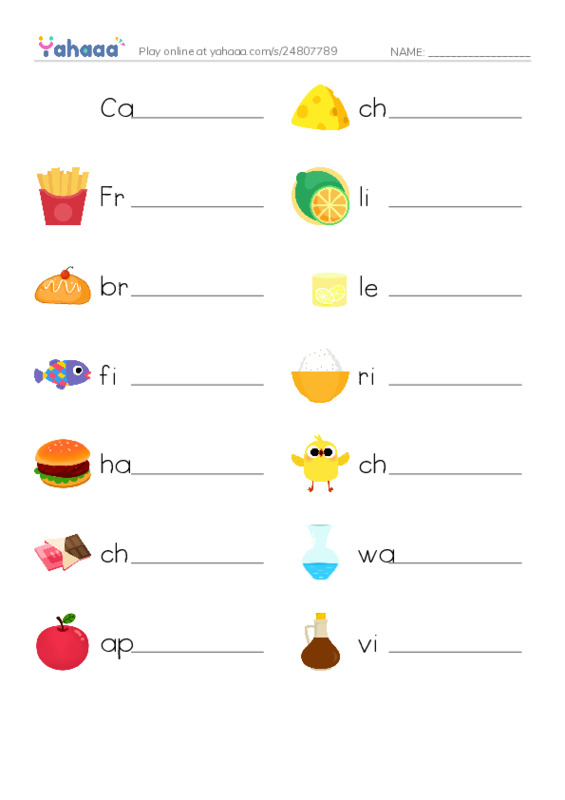 Write the word rows worksheet for Food vocabulary