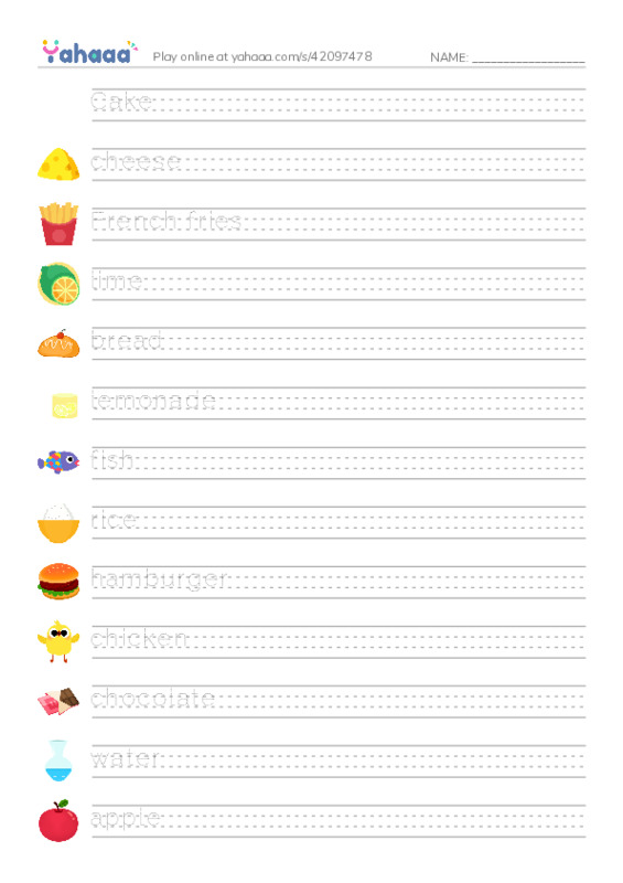 Handwriting lines worksheet for Food vocabulary