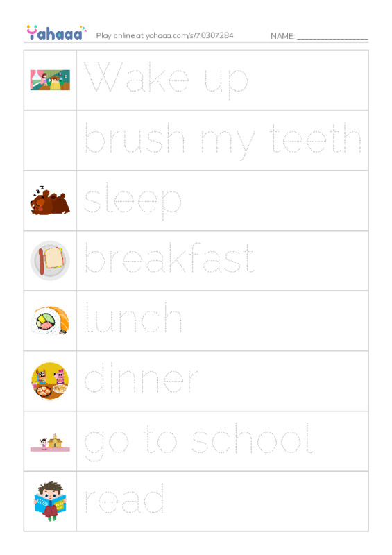 Picture and word rows worksheet for Routine