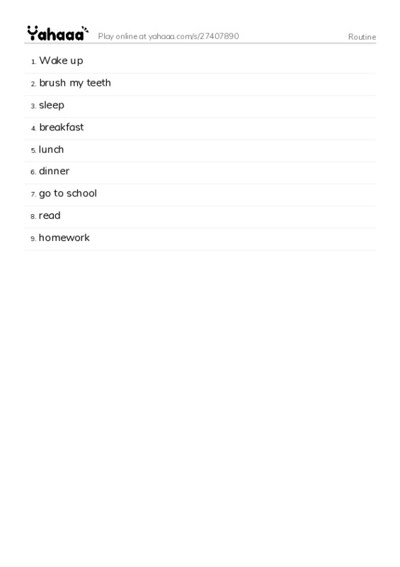 Word list with meanings worksheet for Routine