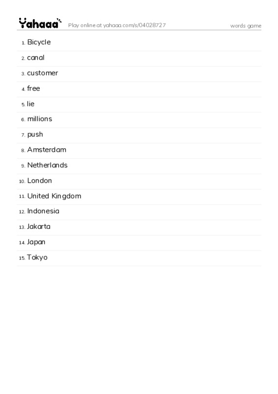 Word list with meanings worksheet for words game