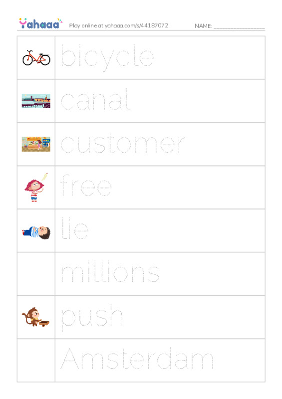 Picture and word rows worksheet for words game