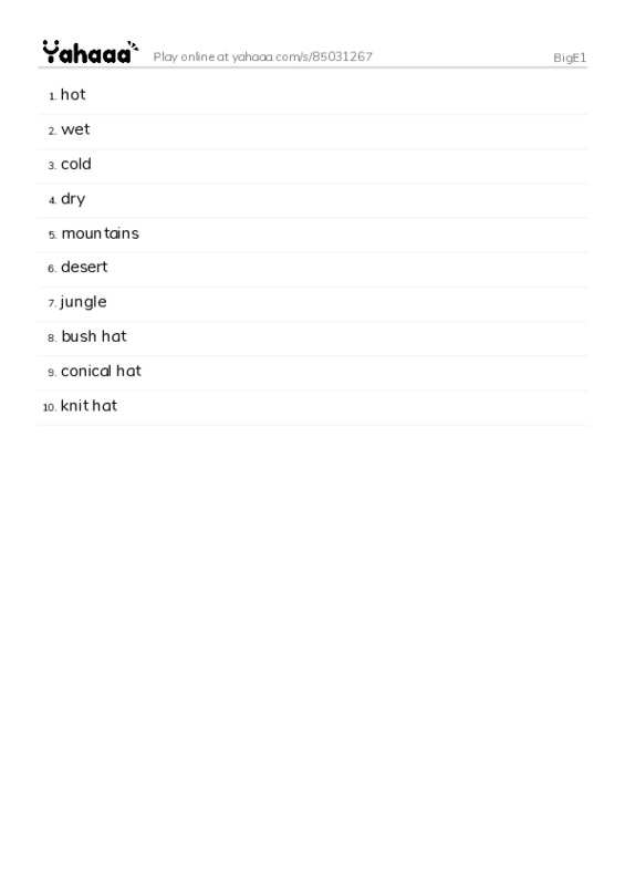 Word list with meanings worksheet for BigE1