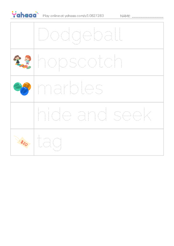Picture and word rows worksheet for Childhood games