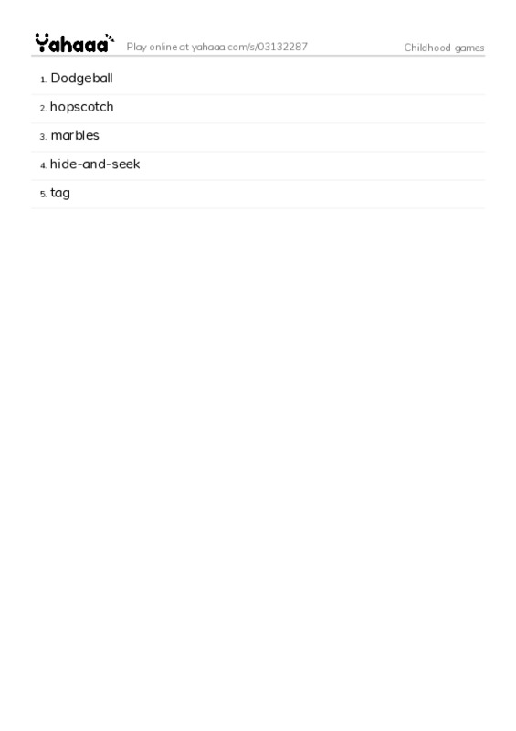 Word list with meanings worksheet for Childhood games