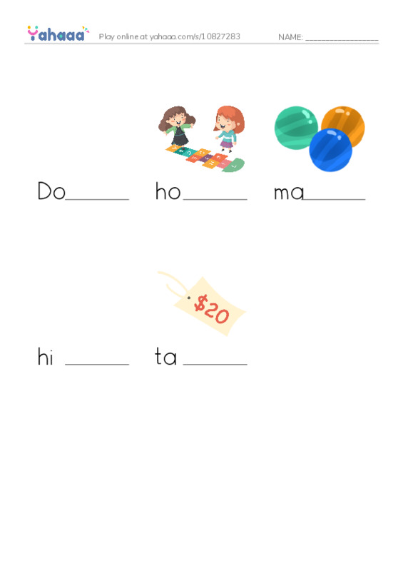 Finish the word worksheet for Childhood games