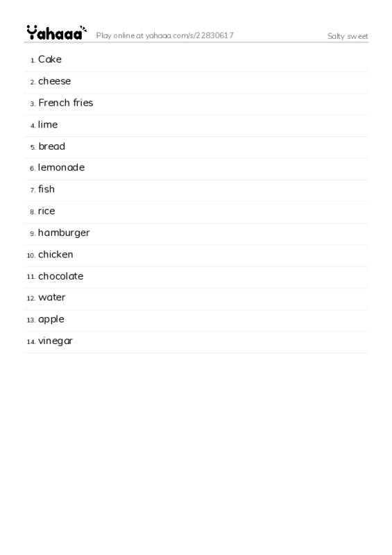 Word list with meanings worksheet for Salty sweet