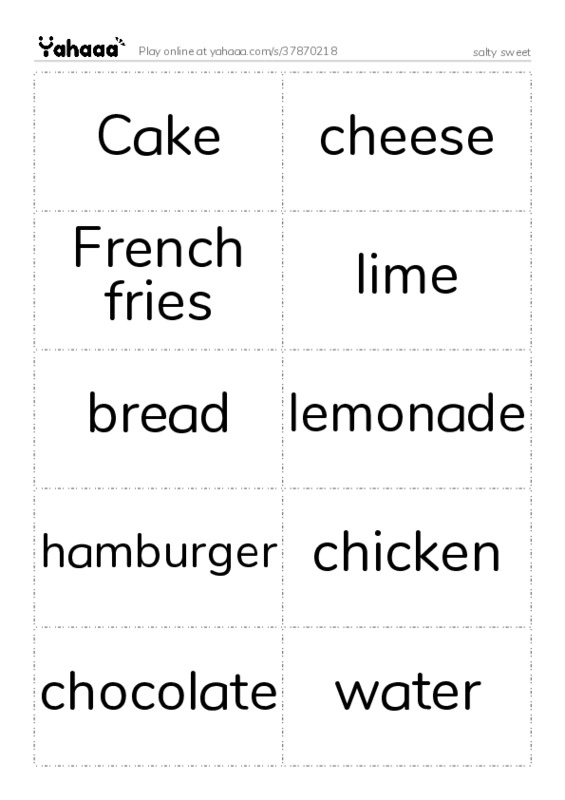Word flashcards worksheet for salty sweet