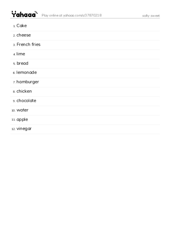 Word list with meanings worksheet for salty sweet
