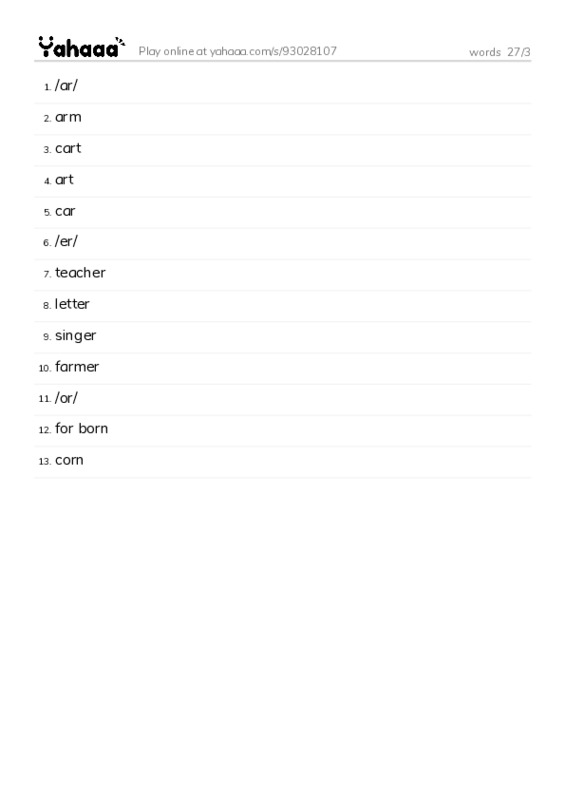 Word list with meanings worksheet for words  27/3