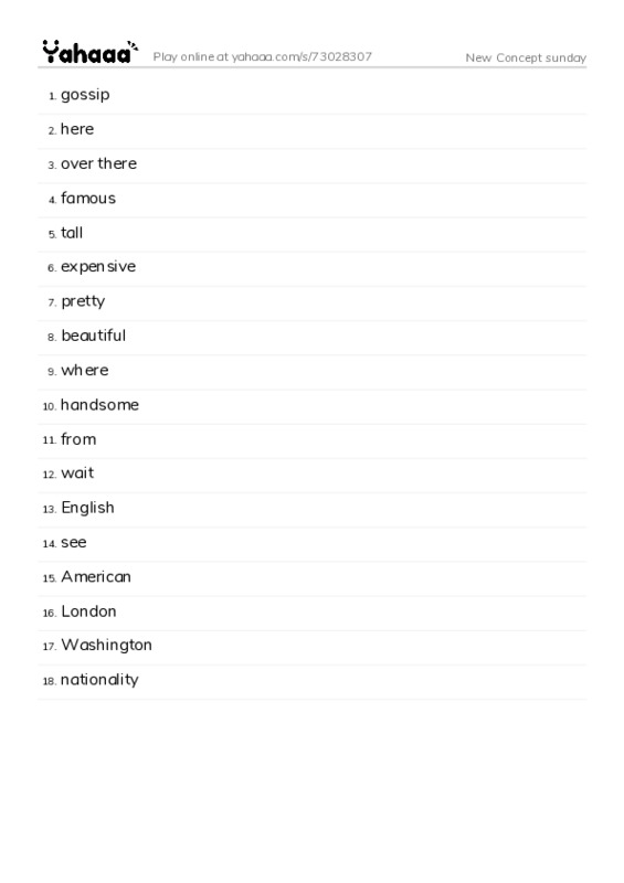 Word list with meanings worksheet for New Concept sunday