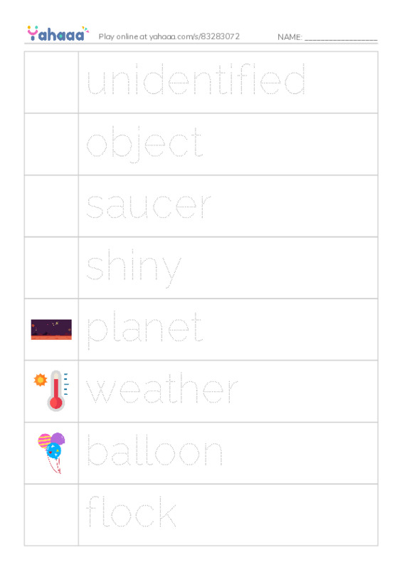Picture and word rows worksheet for UFO