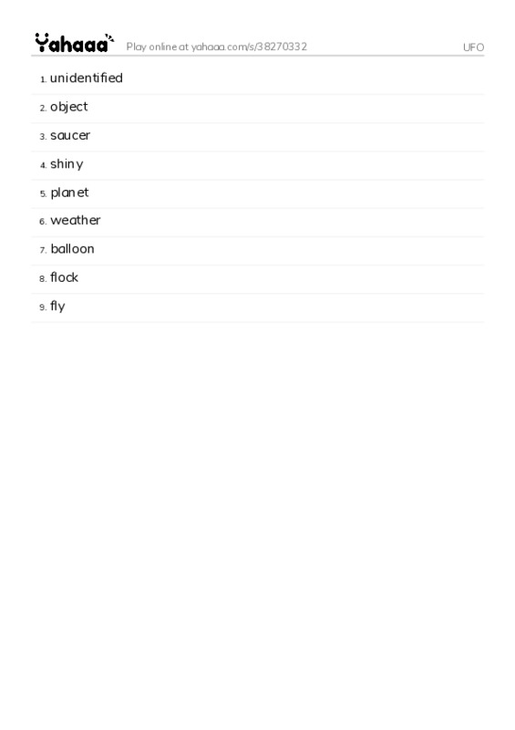 Word list with meanings worksheet for UFO