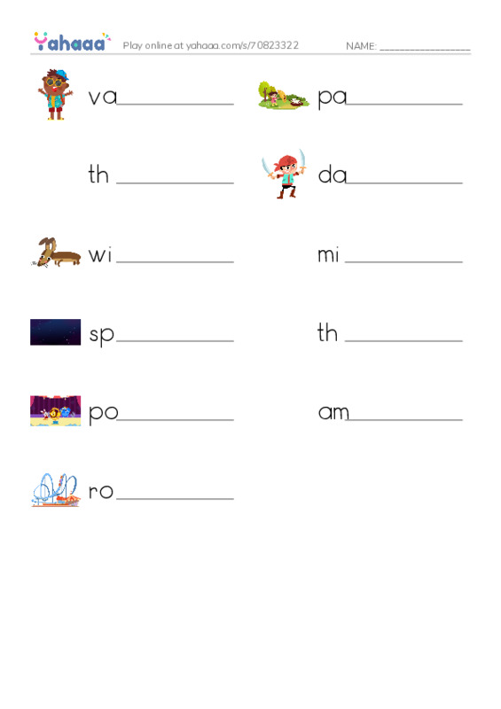 Write the word rows worksheet for AMUSEMENT PARK