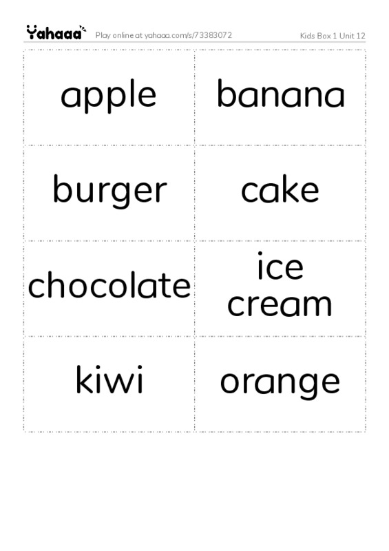 Word flashcards worksheet for Kids Box 1 Unit 12