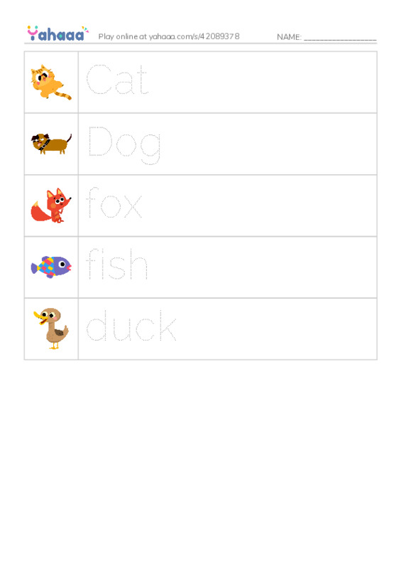 Picture and word rows worksheet for Animals