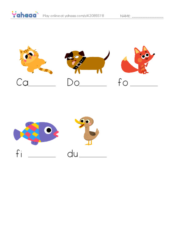 Finish the word worksheet for Animals
