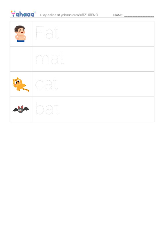 Picture and word rows worksheet for Short vowel a