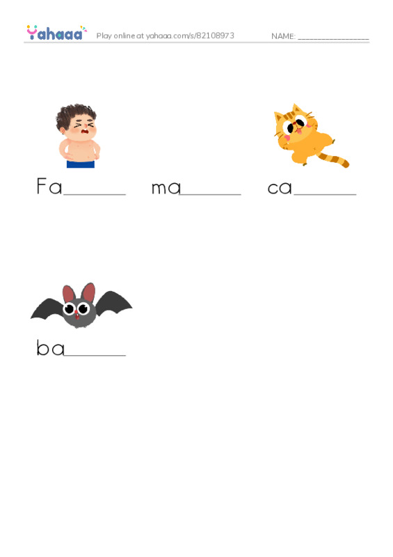 Finish the word worksheet for Short vowel a