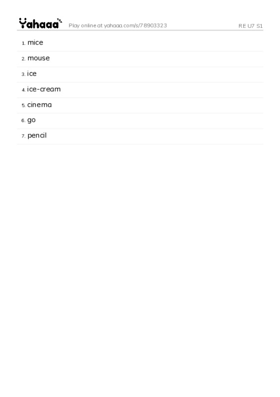 Word list with meanings worksheet for RE U7 S1