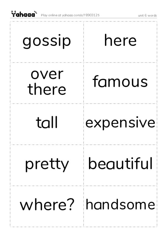Word flashcards worksheet for unit 6 words