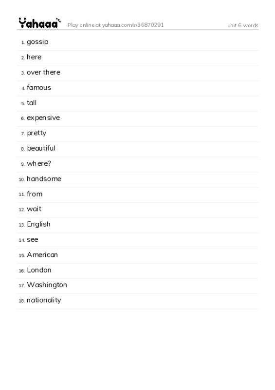 Word list with meanings worksheet for unit 6 words