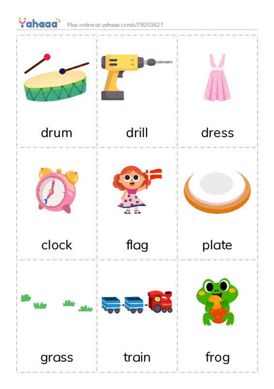 Picture flashcards worksheet for drum, drill, dress and 13 more