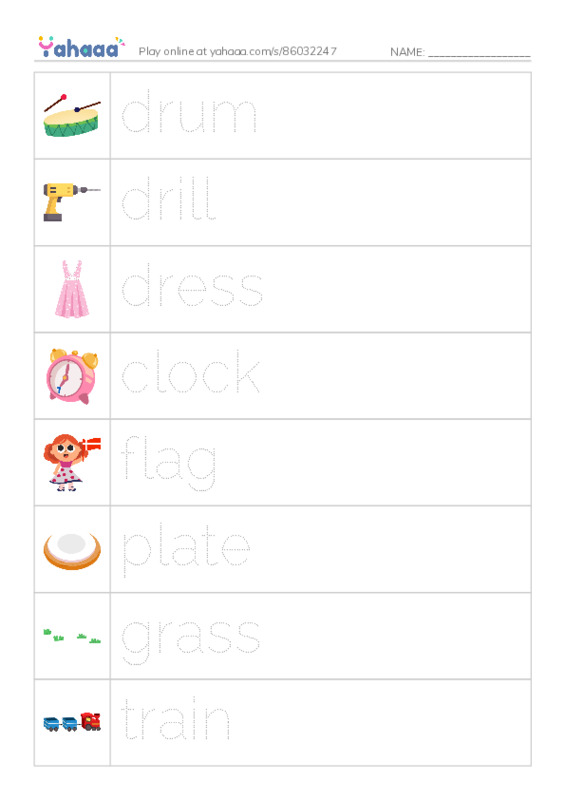 Picture and word rows worksheet for drum, drill, dress and 13 more