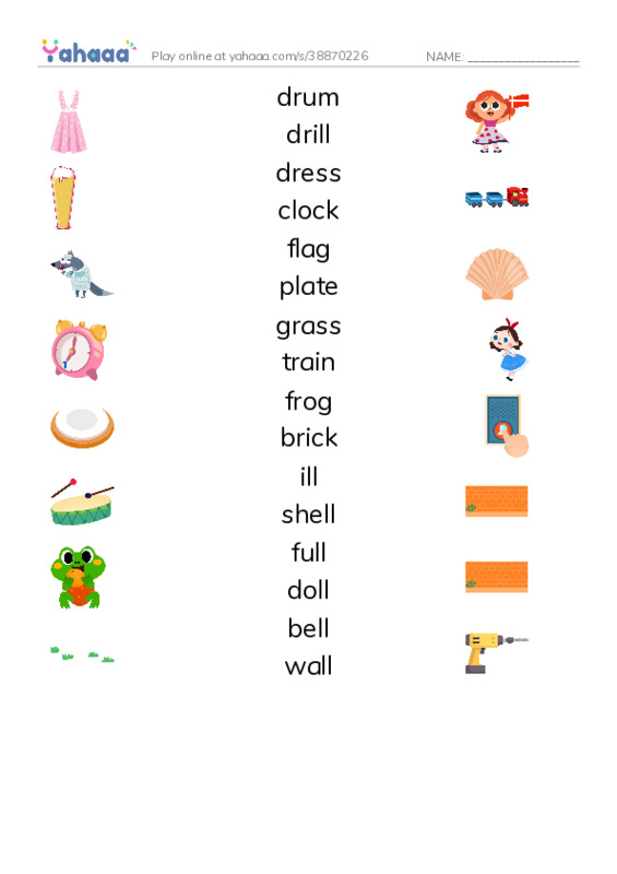 Match both sides worksheet for drum, drill, dress and 13 more