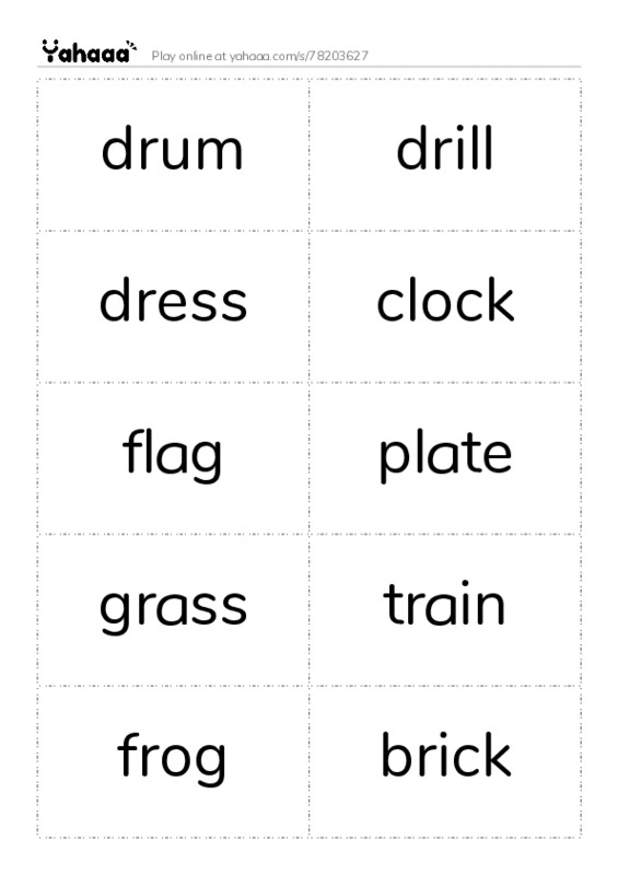 Word flashcards worksheet for drum, drill, dress and 13 more