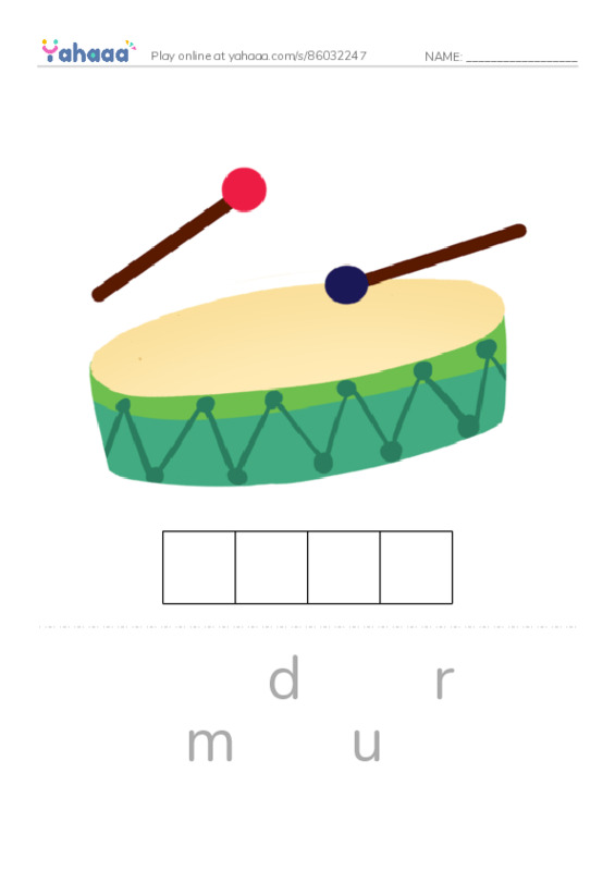 Letter scramble puzzle worksheet for drum, drill, dress and 13 more