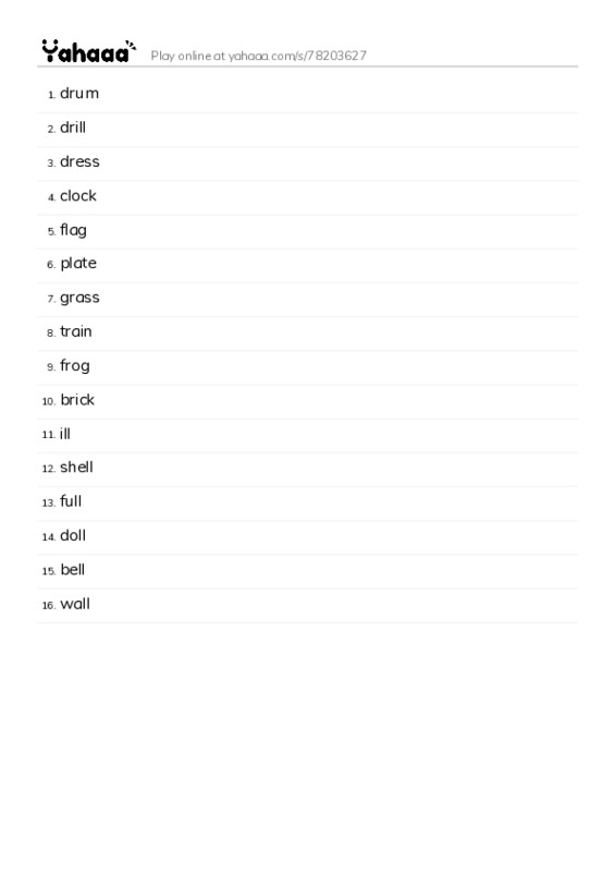 Word list with meanings worksheet for drum, drill, dress and 13 more