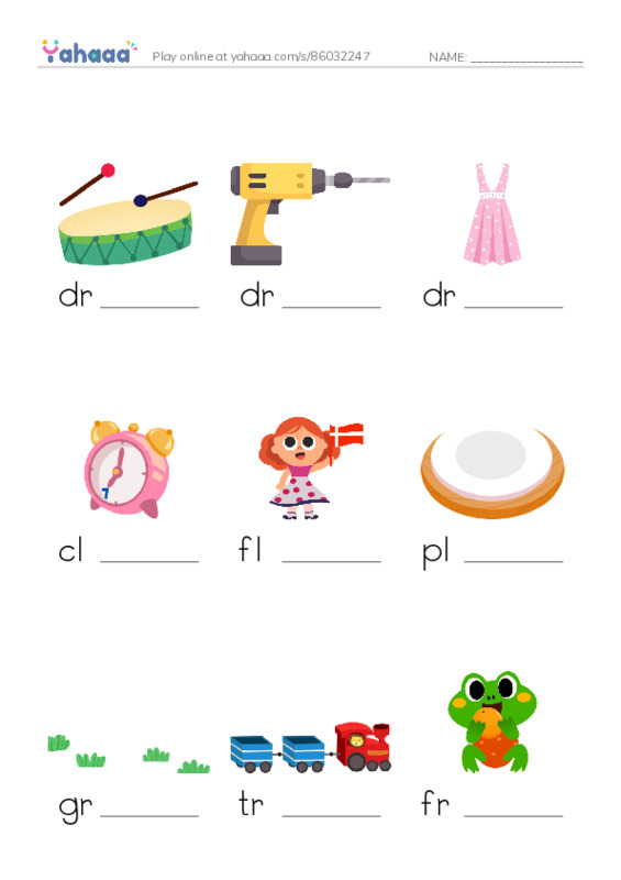 Finish the word worksheet for drum, drill, dress and 13 more