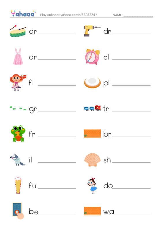Write the word rows worksheet for drum, drill, dress and 13 more