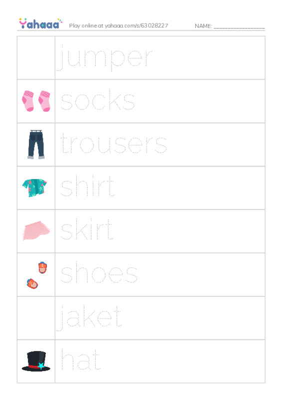 Picture and word rows worksheet for jumper, socks, trousers and 6 more