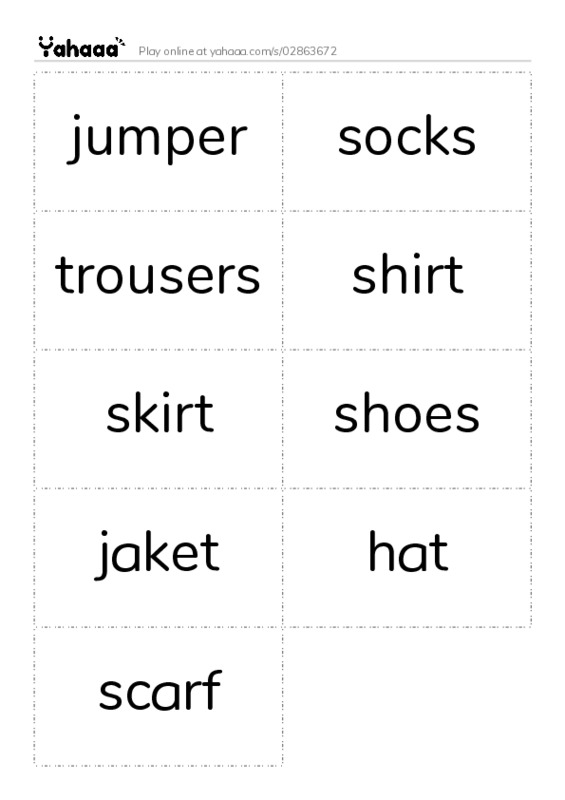 Word flashcards worksheet for jumper, socks, trousers and 6 more