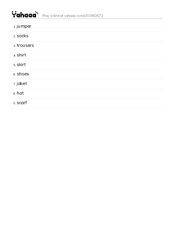 Word list with meanings worksheet for jumper, socks, trousers and 6 more