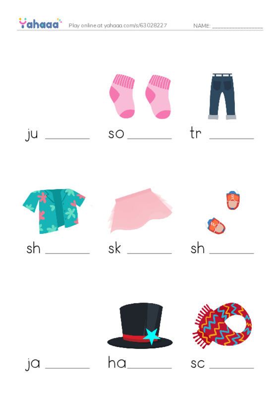 Finish the word worksheet for jumper, socks, trousers and 6 more