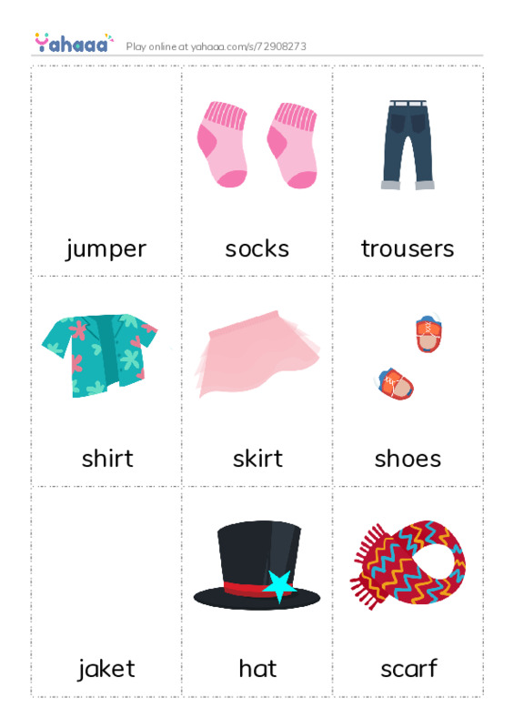 Picture flashcards worksheet for jumper, socks, trousers and 6 more